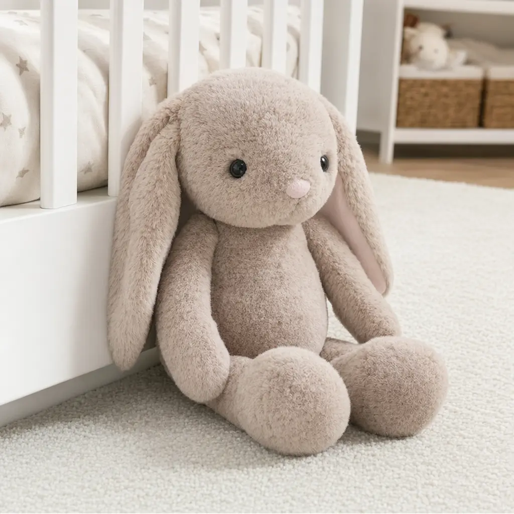 Soft plush toy with visible stitching in a bright, uncluttered nursery near a crib