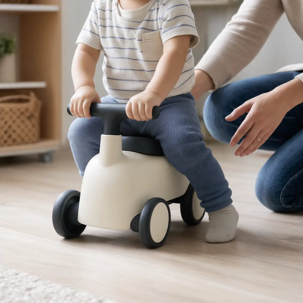 A toddler using a low ride-on toy on a flat indoor surface with close adult supervision