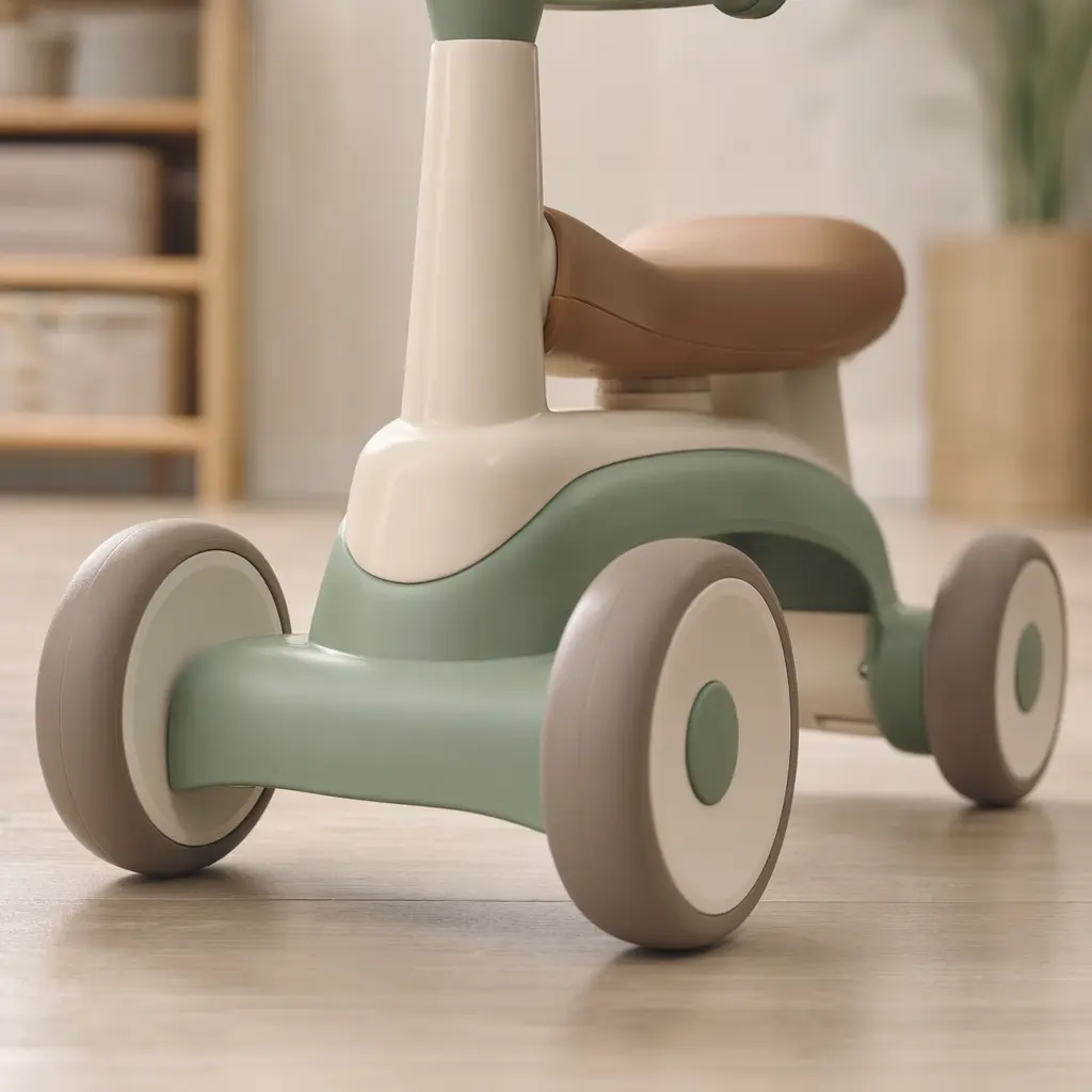 Detail view showing the wide, stable base of a toddler ride-on toy