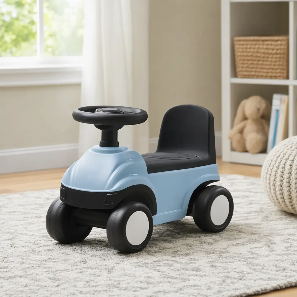 A simple, sturdy ride-on toy set up in a bright, child-safe living space