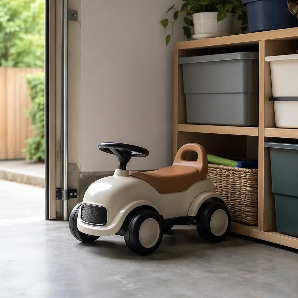 Ride-on toy stored indoors, showing durability and size for older children