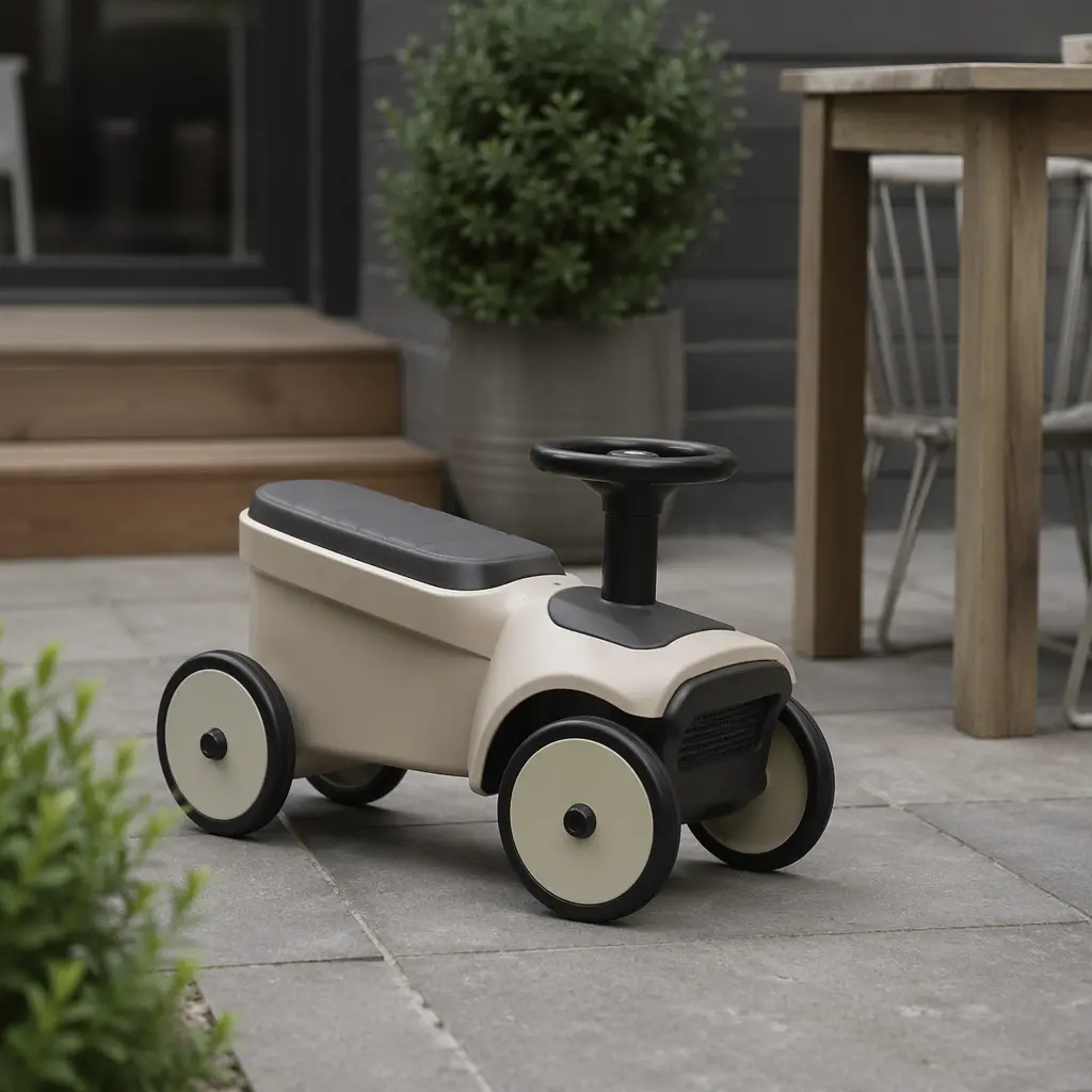 A ride-on toy in a calm backyard setting, showing size and build without people