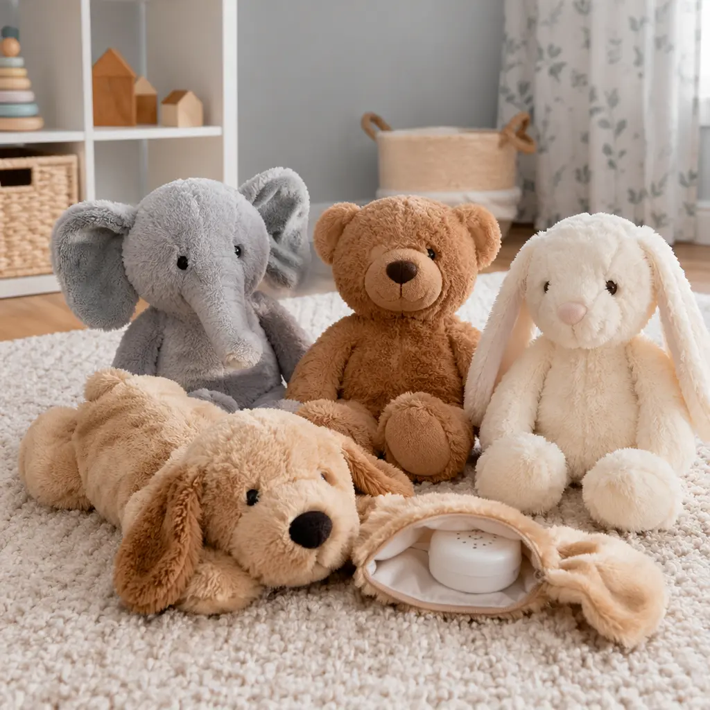 Talking plush toys displayed on a nursery floor with an internal sound module visible