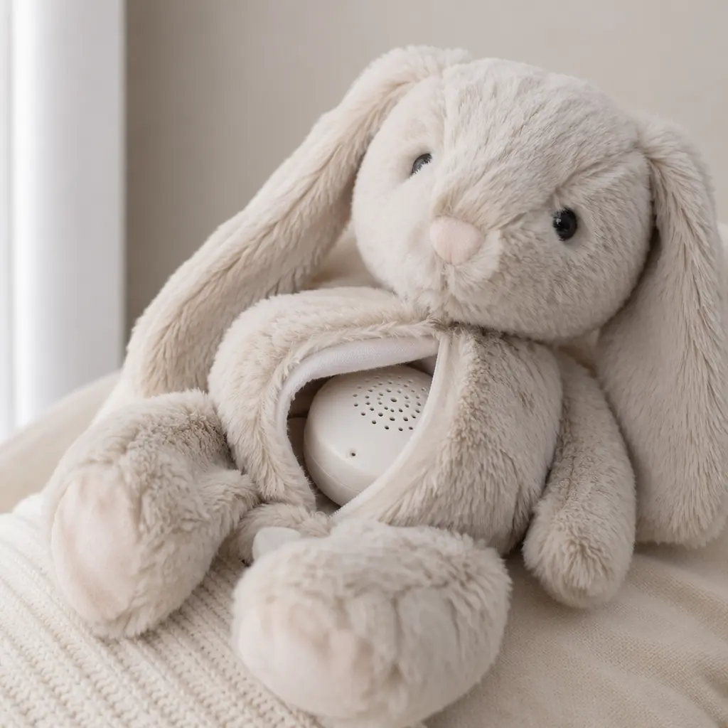 Soft talking plush toy showing a discreet sound module area