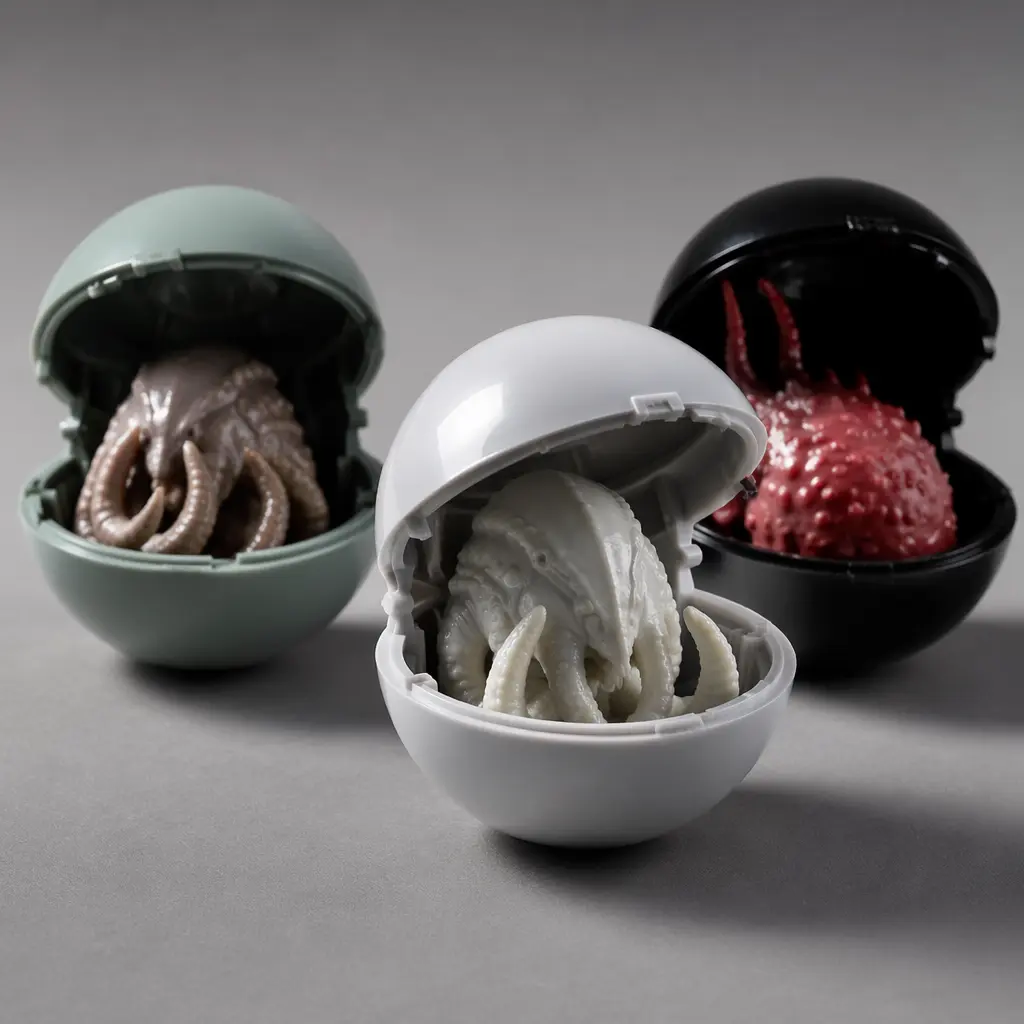 Spherical toy balls opening into creature shapes on a clean studio background