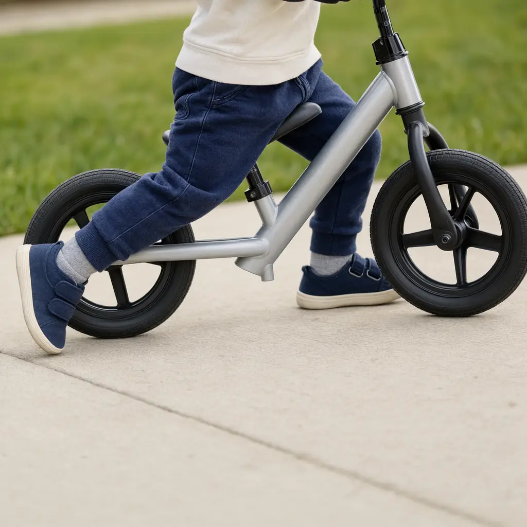 A toddler-sized balance bike rolling along a smooth sidewalk