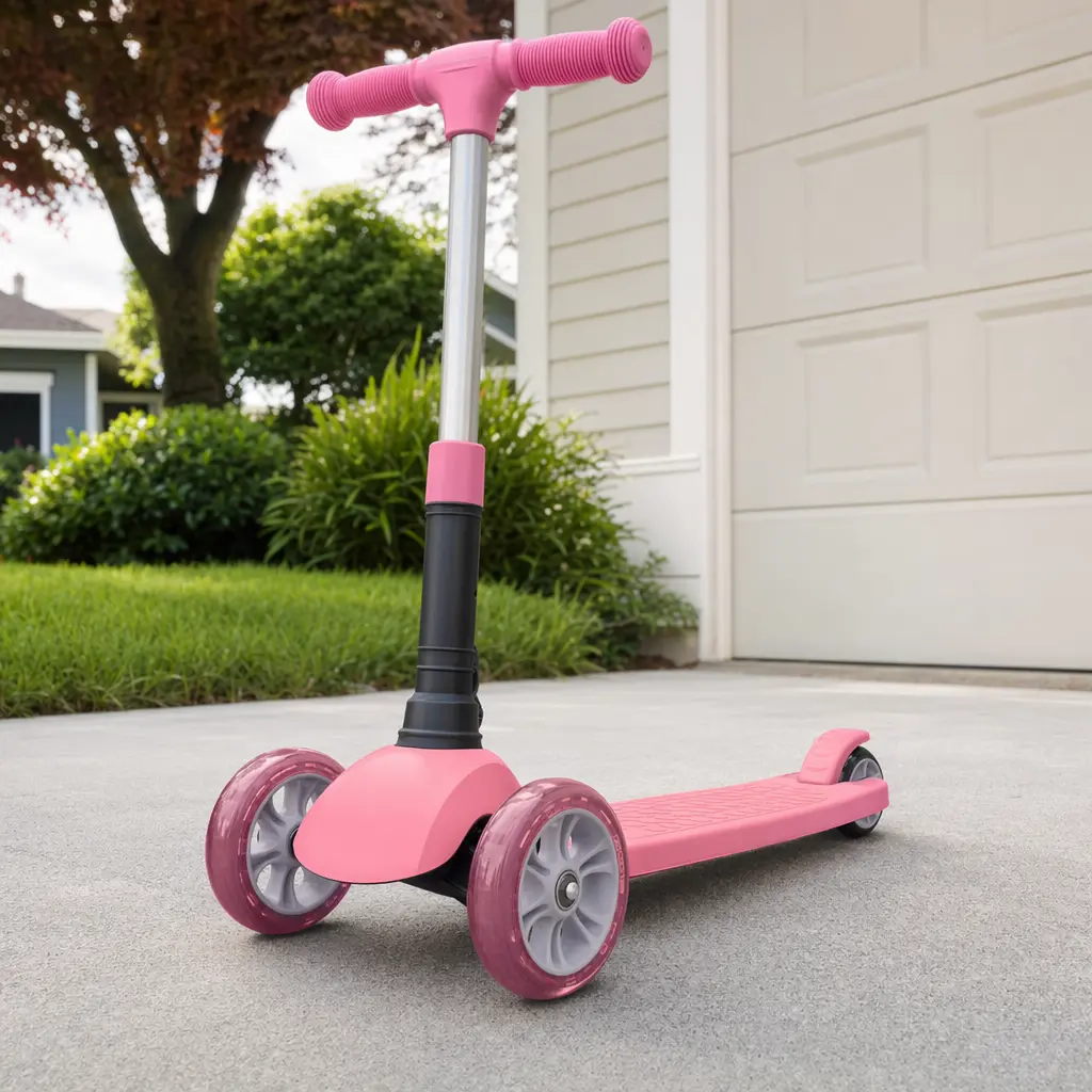 A three-wheel scooter designed for young children on a driveway