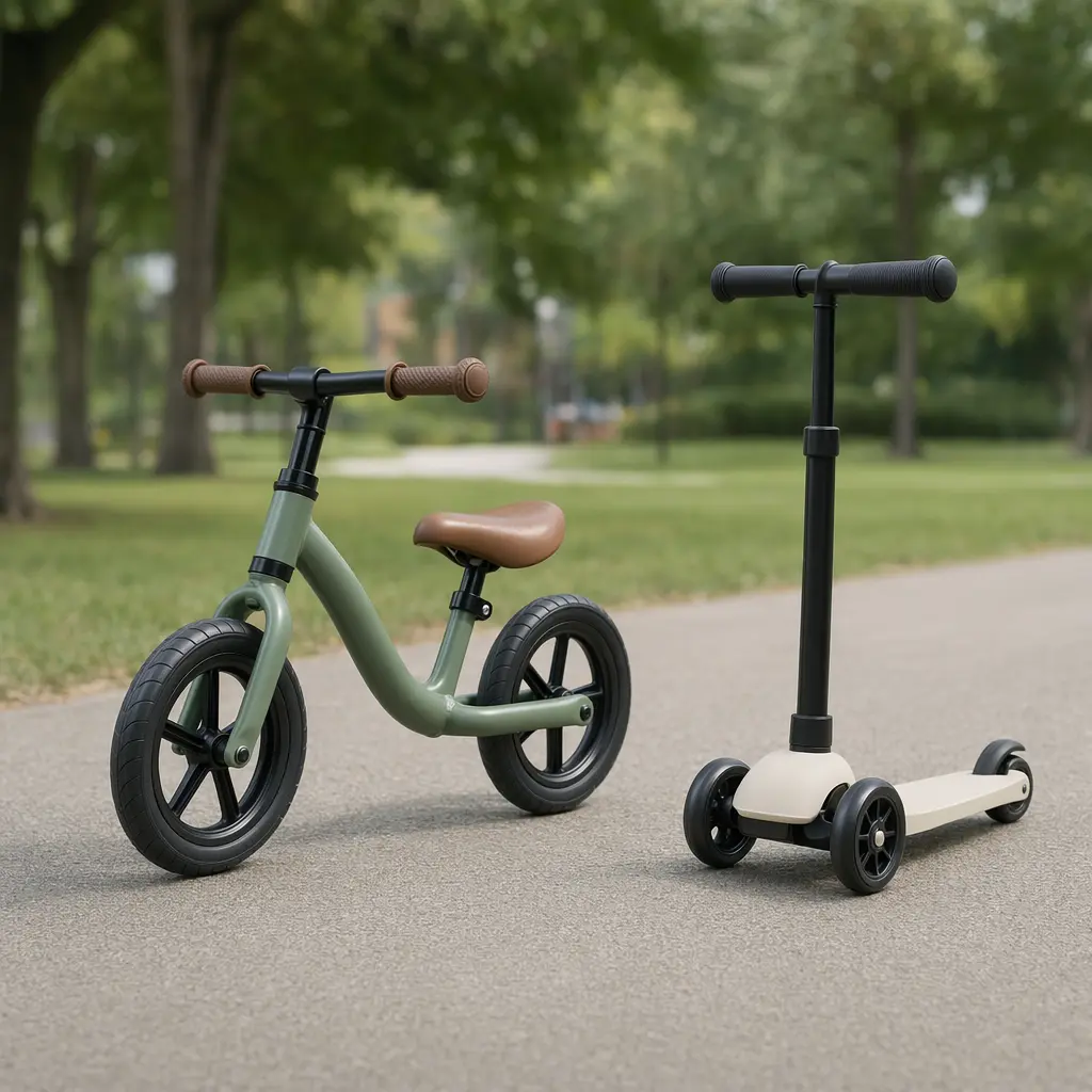 A balance bike and a three-wheel scooter placed side by side on a park path