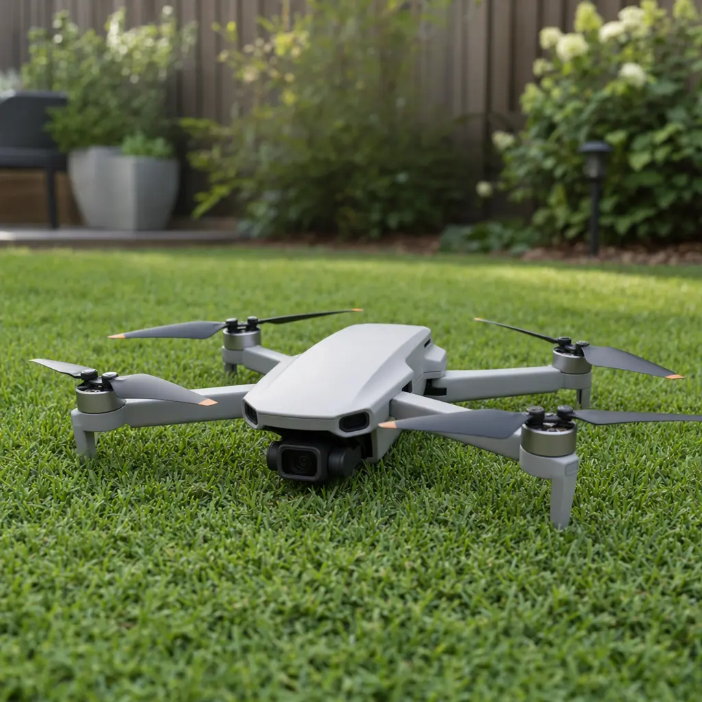 Beginner drone placed on grass outdoors ready for takeoff