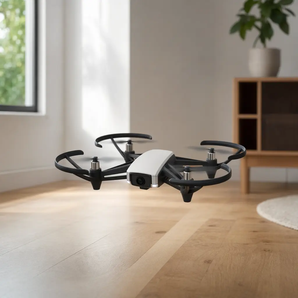 Beginner quadcopter drone flying indoors in soft natural light