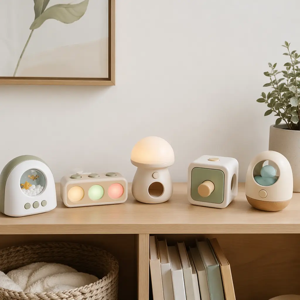 Electronic cause-and-effect toys arranged on a nursery shelf