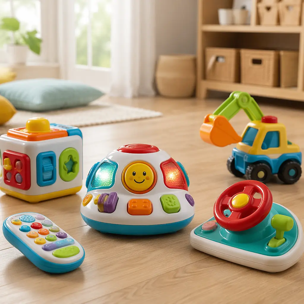 Screen-free electronic toys for toddlers on a playroom floor