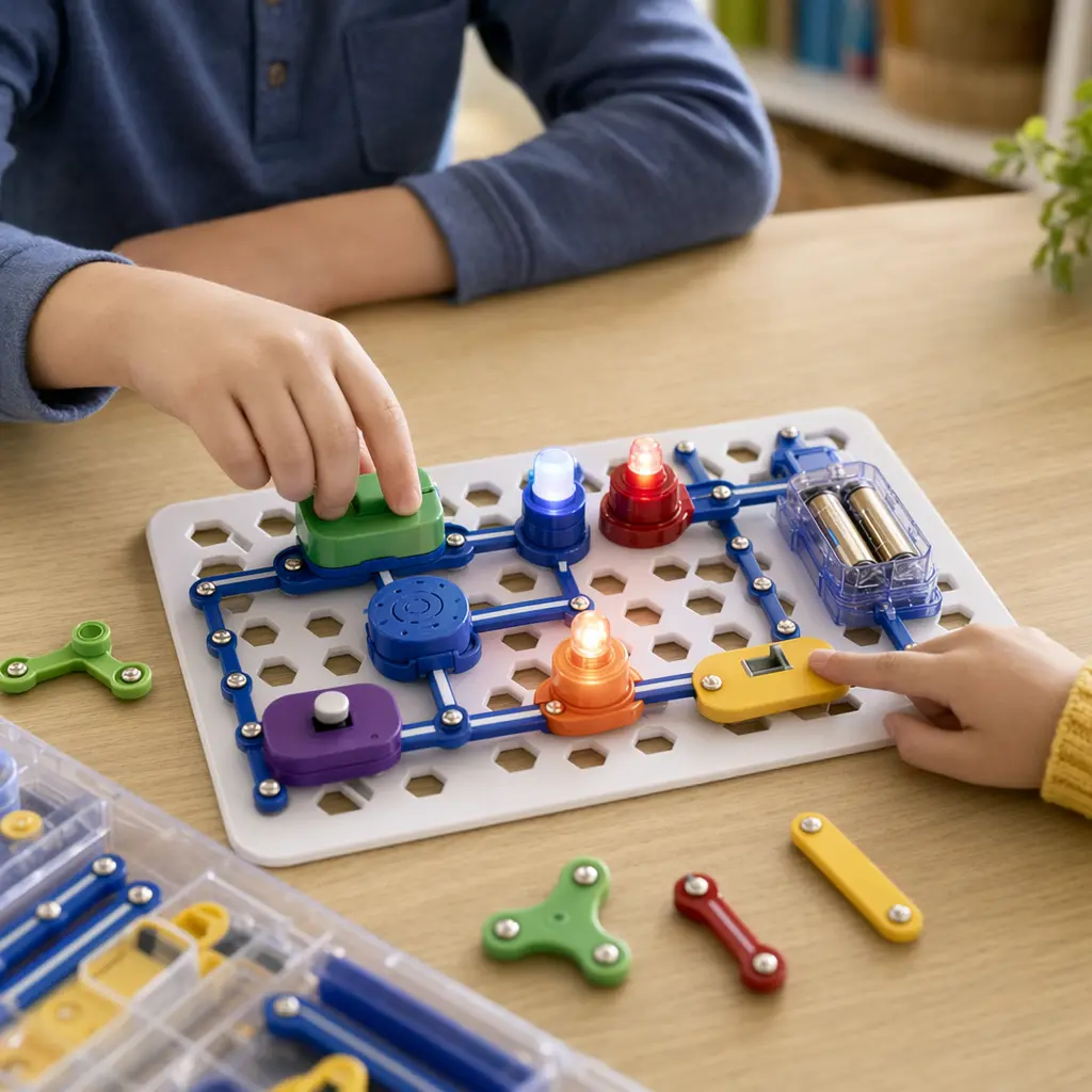 Electronic coding toy set up on a table with components connected and lights on