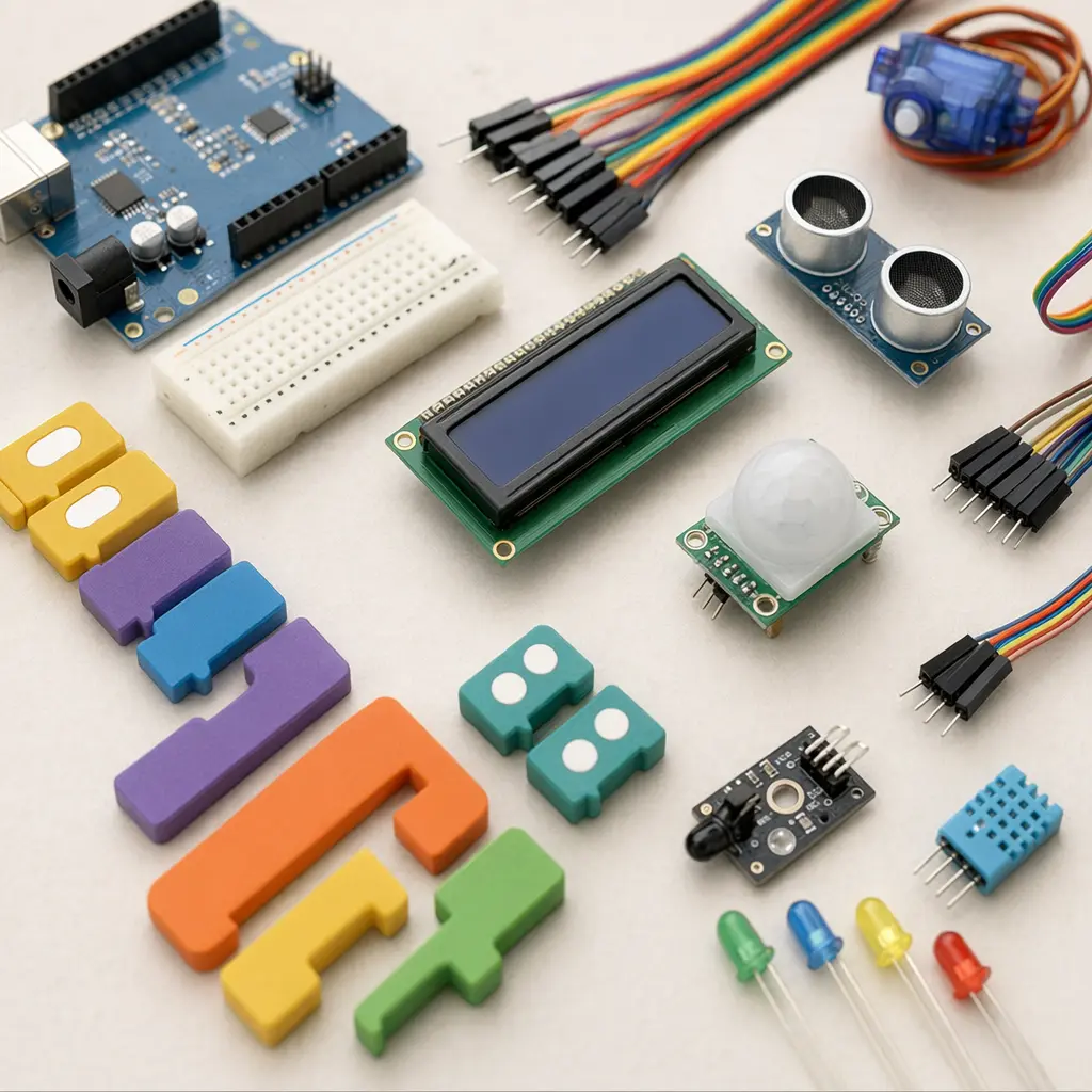 Close-up of electronic coding components and visual programming pieces