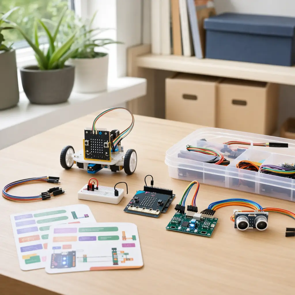Beginner electronic coding toys arranged on a desk with wires and components