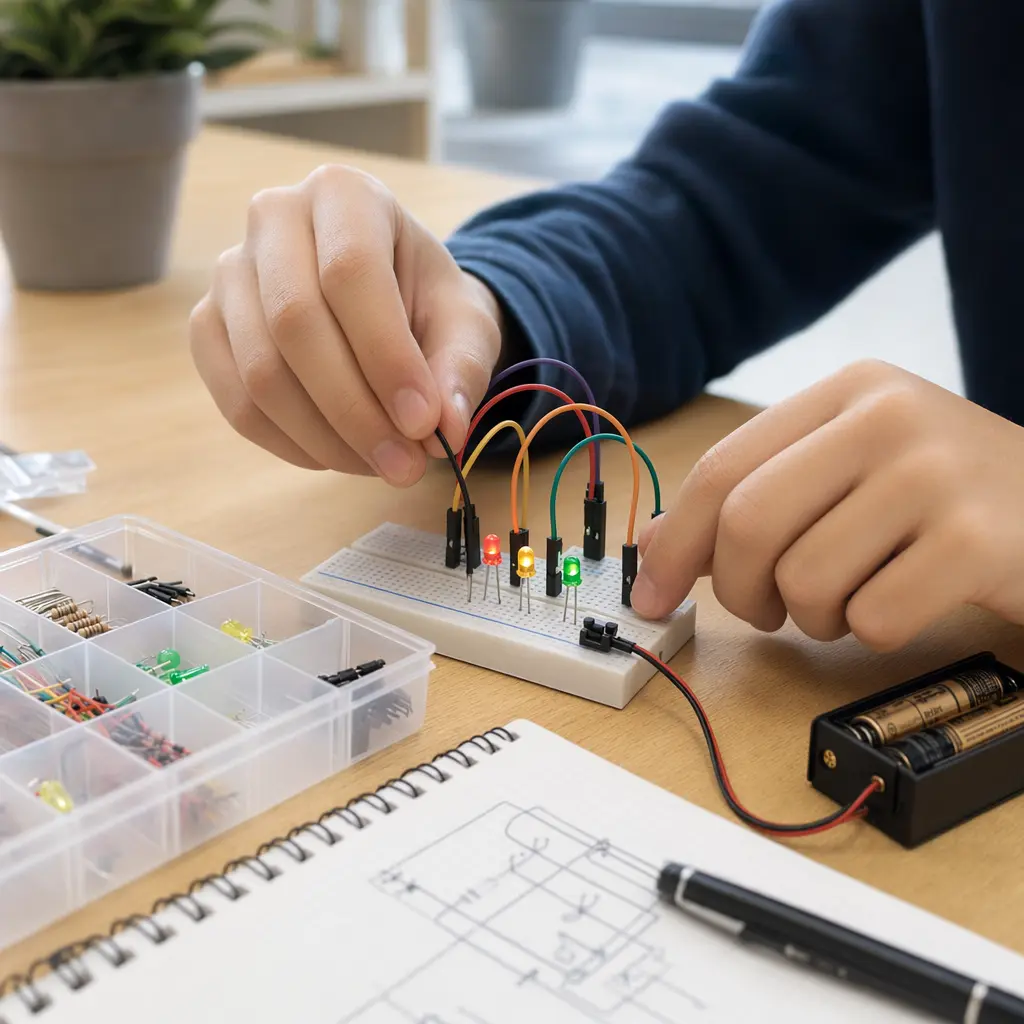 Hands building a simple electronic circuit with wires and LEDs