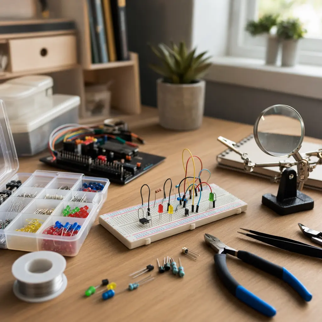 Beginner electronics components arranged on a tidy workbench in natural light