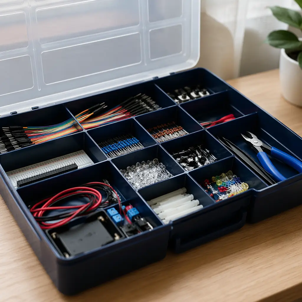 Electronics components neatly stored in a compartment box