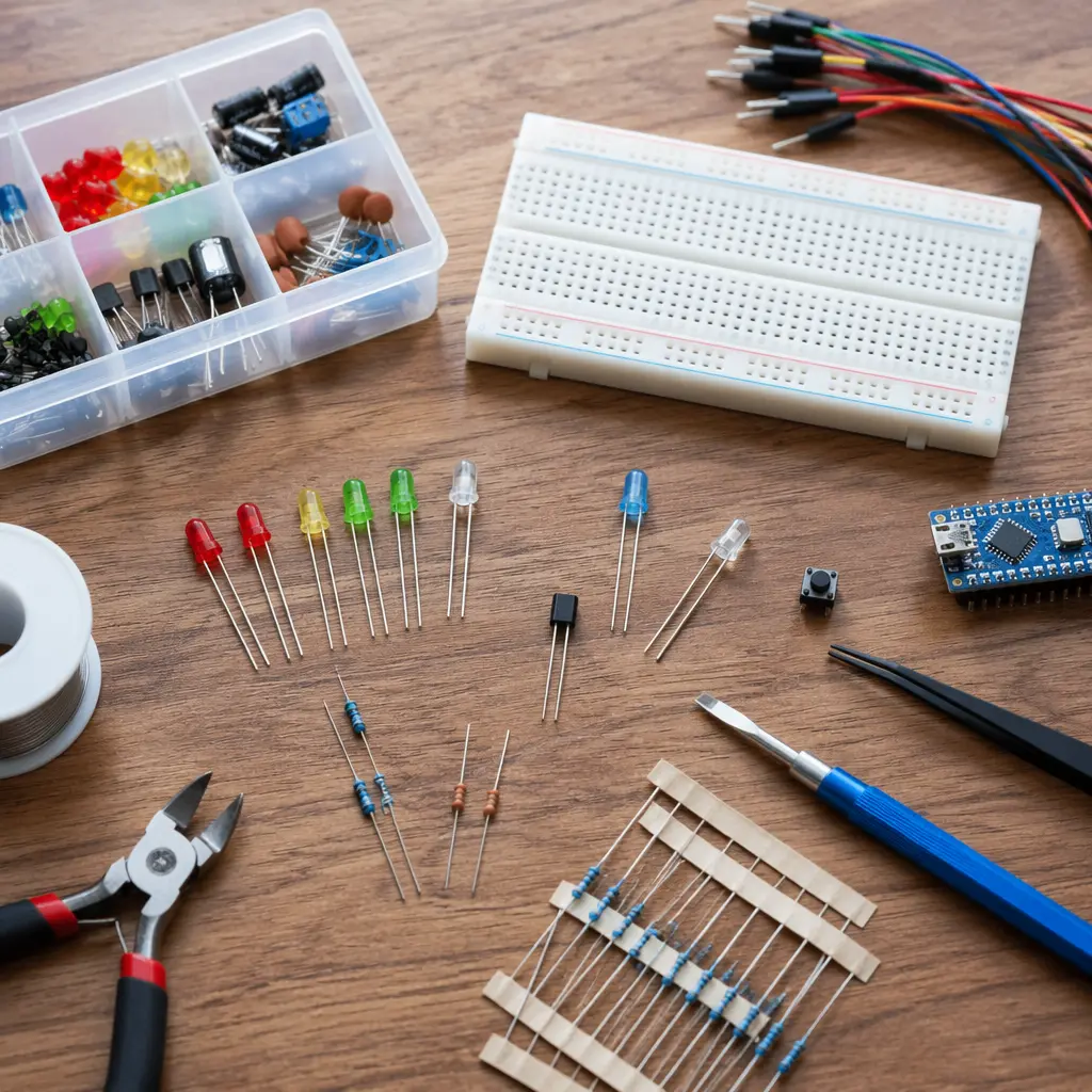 Beginner electronics components arranged on a table in soft natural light
