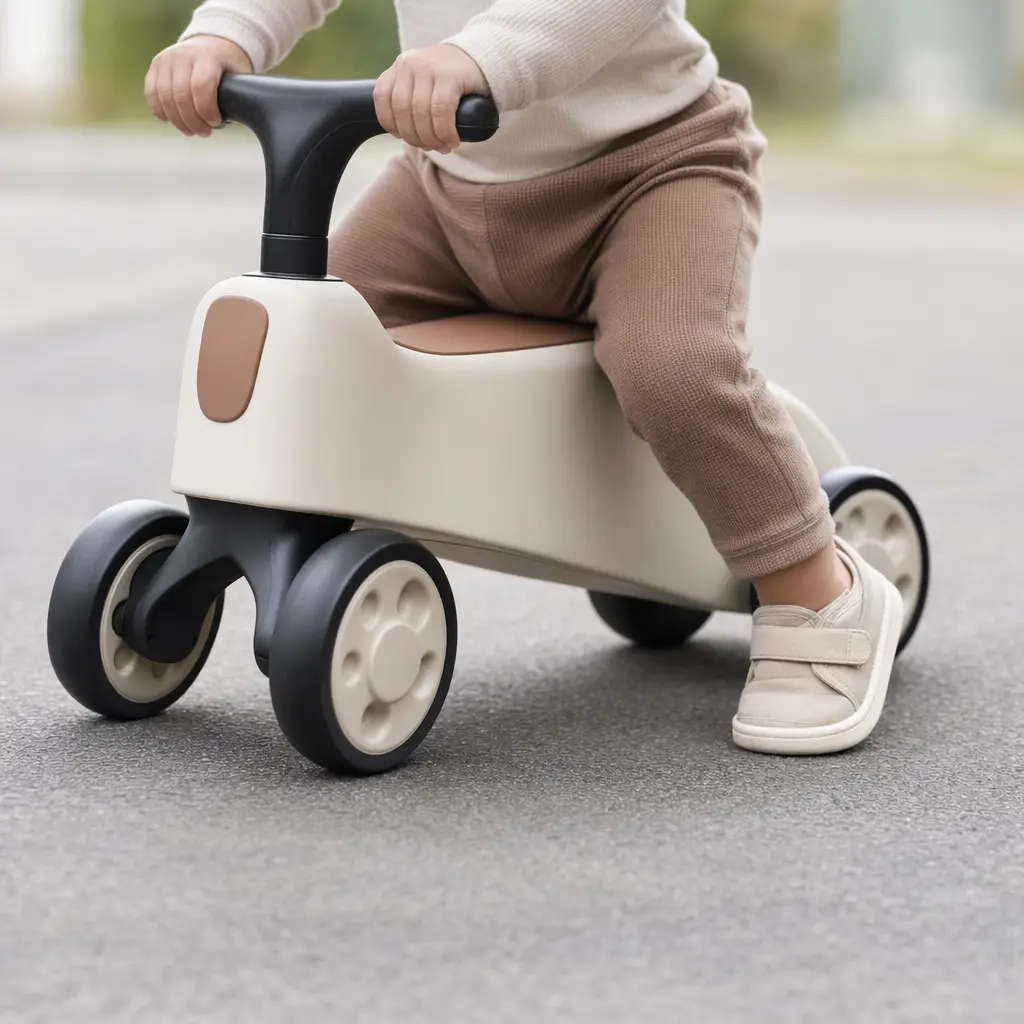 A toddler using a low ride-on toy on a flat outdoor surface