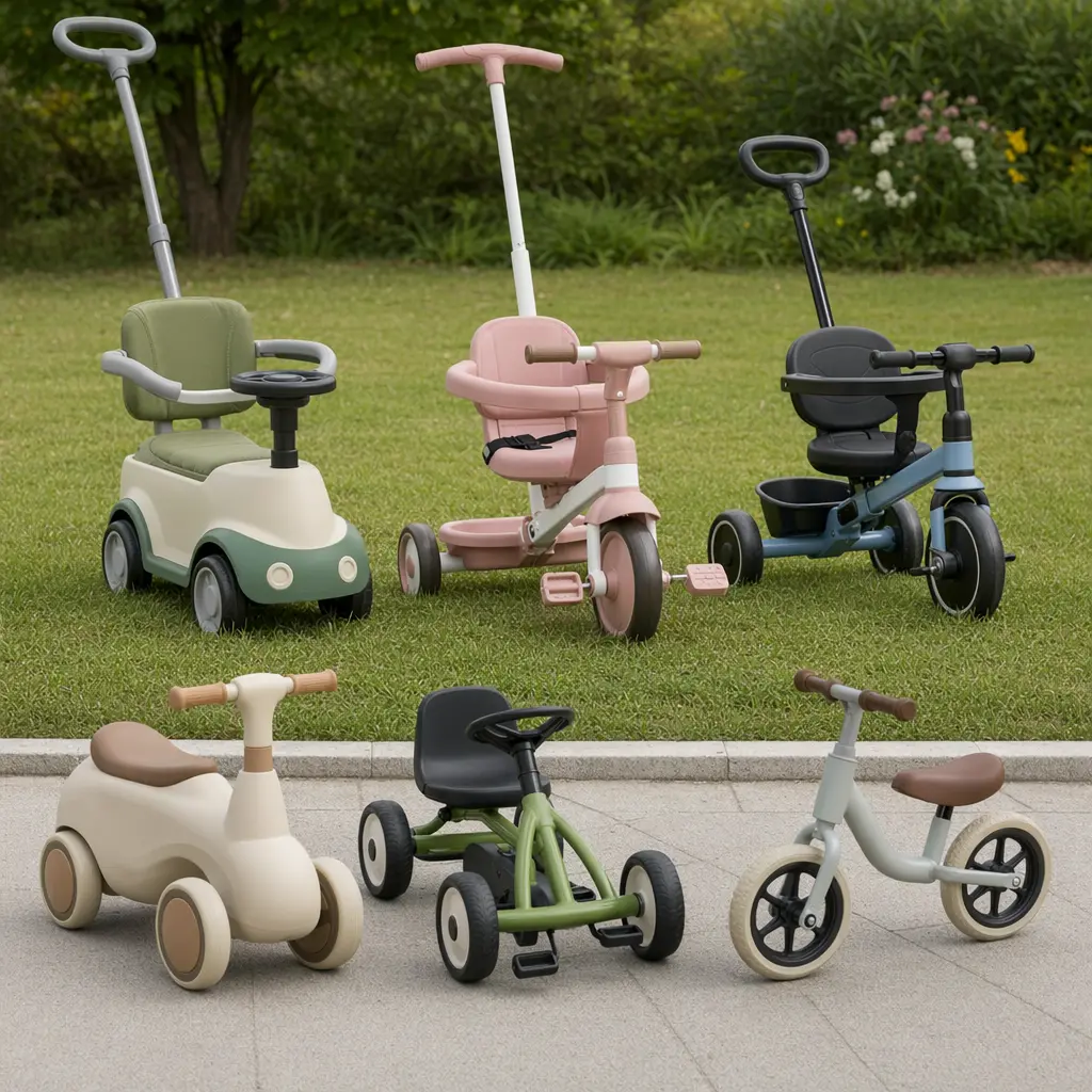 Push, pedal, and balance-style ride-on toys shown side by side outdoors