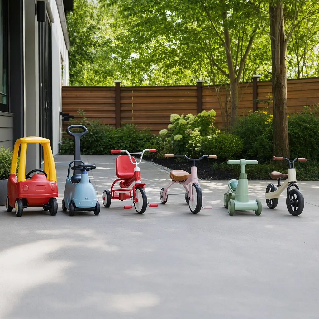Beginner ride-on toys for toddlers arranged outdoors in soft natural light