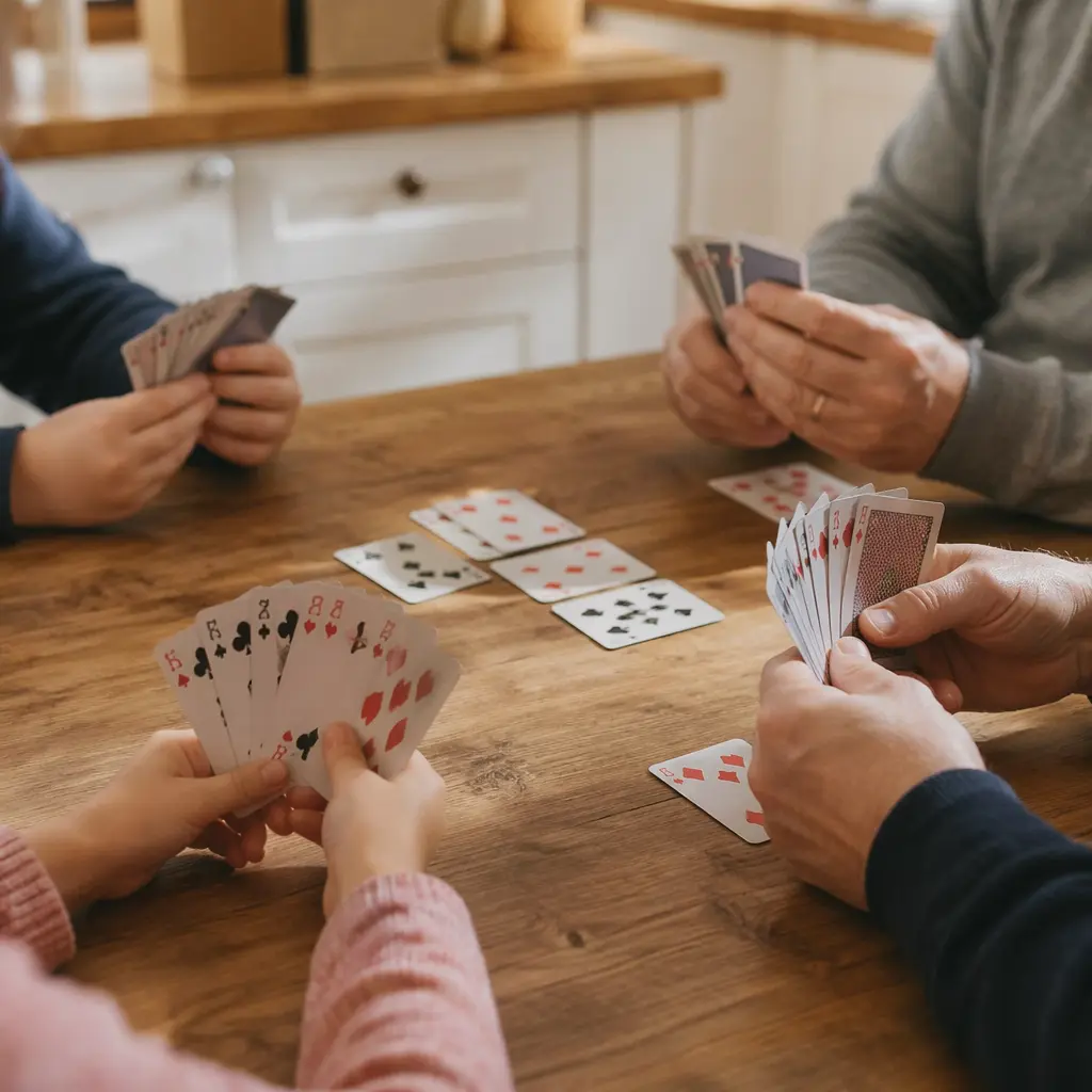 Hands of adults and children holding playing cards around a kitchen table