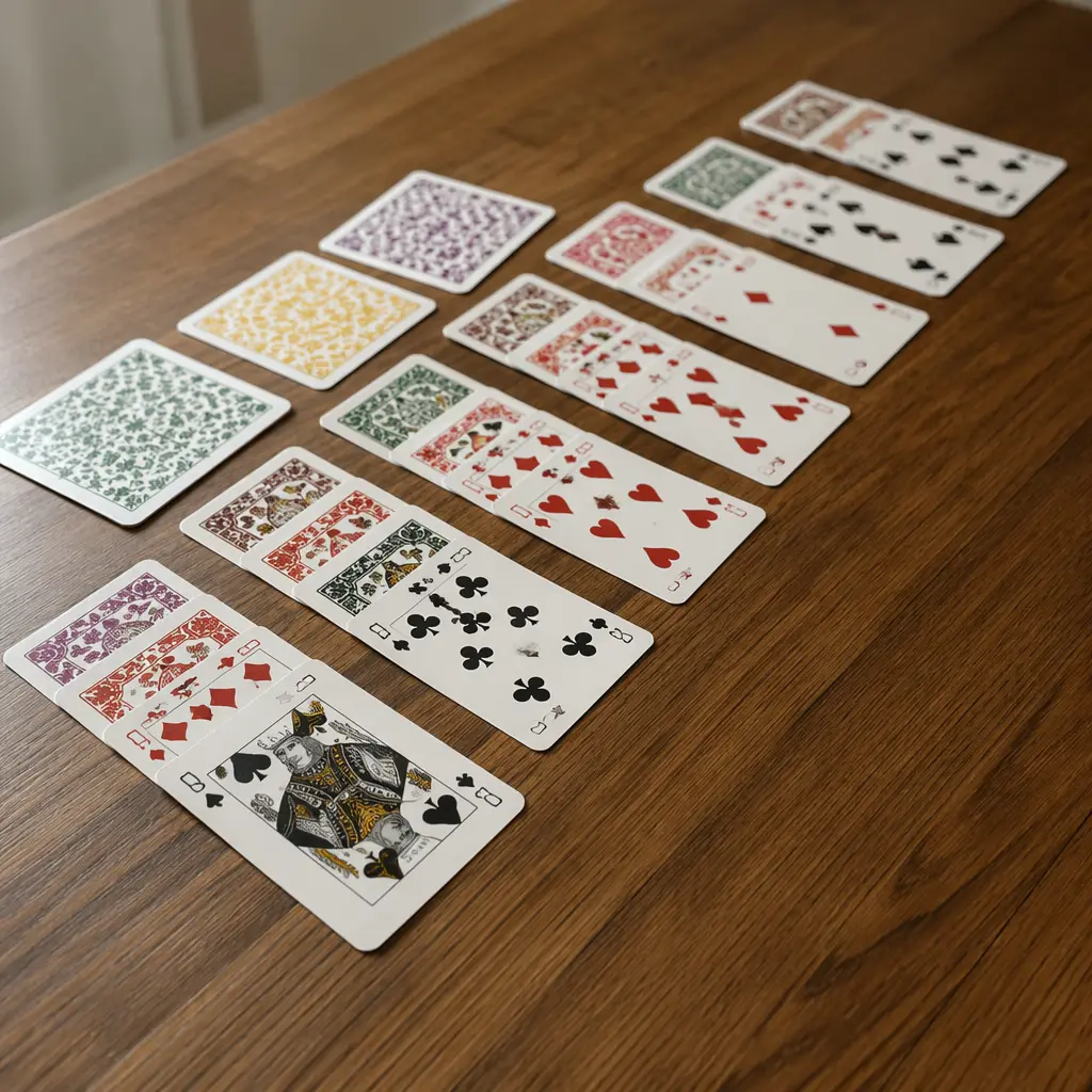 Neatly arranged colorful playing cards on a wooden table