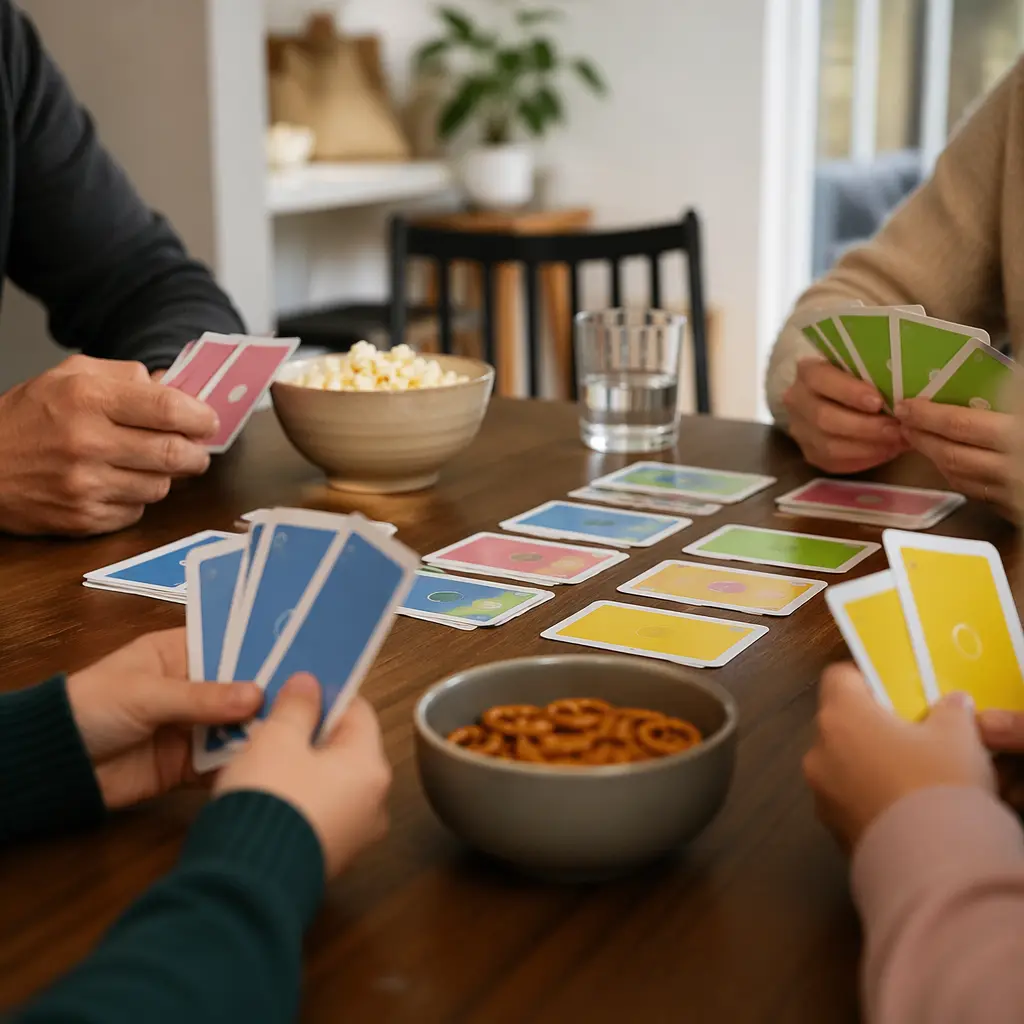 Colorful card game laid out on a table during family game night, with hands reaching for cards