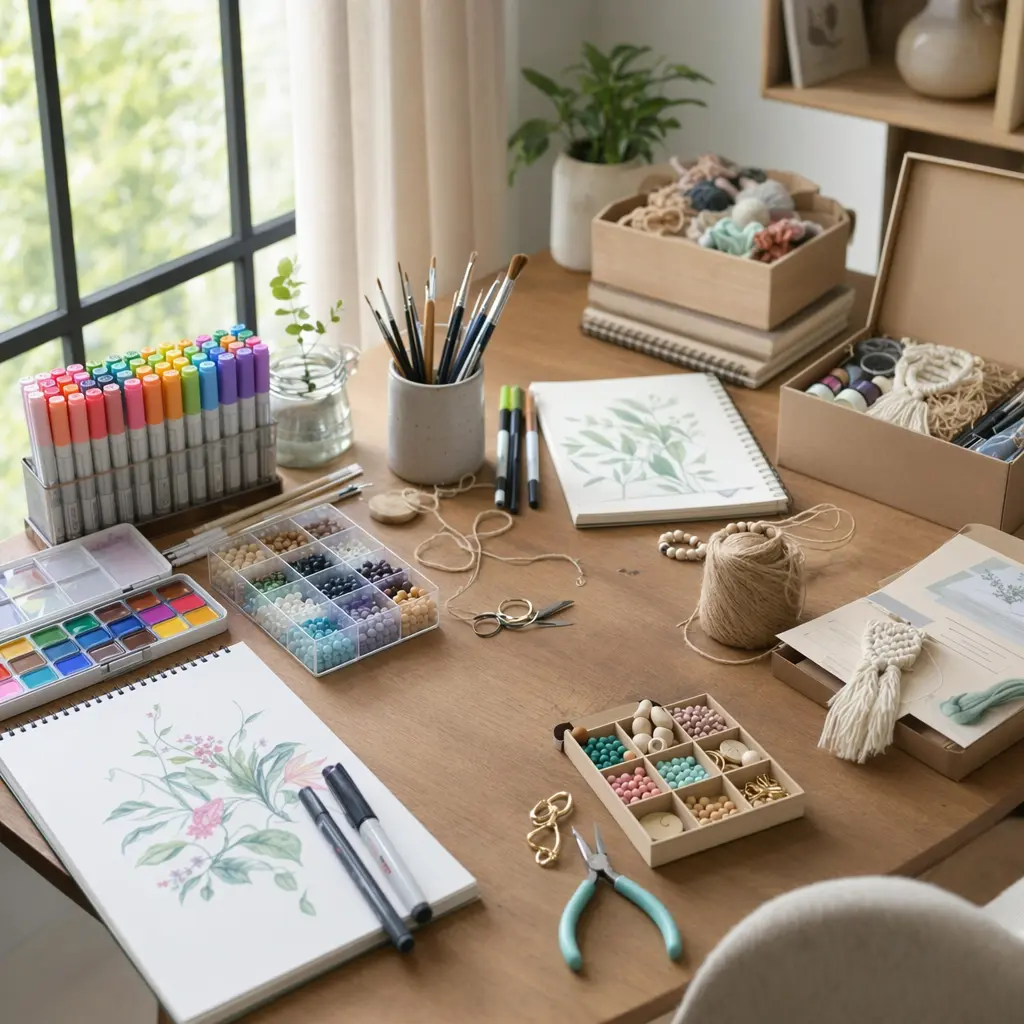 Arts and crafts supplies arranged on a table for independent creative play