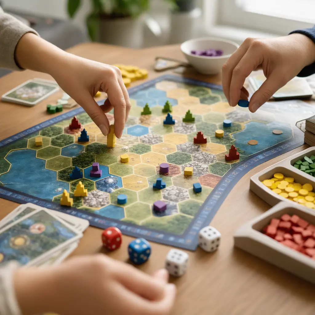 Board game pieces being moved during a family game night