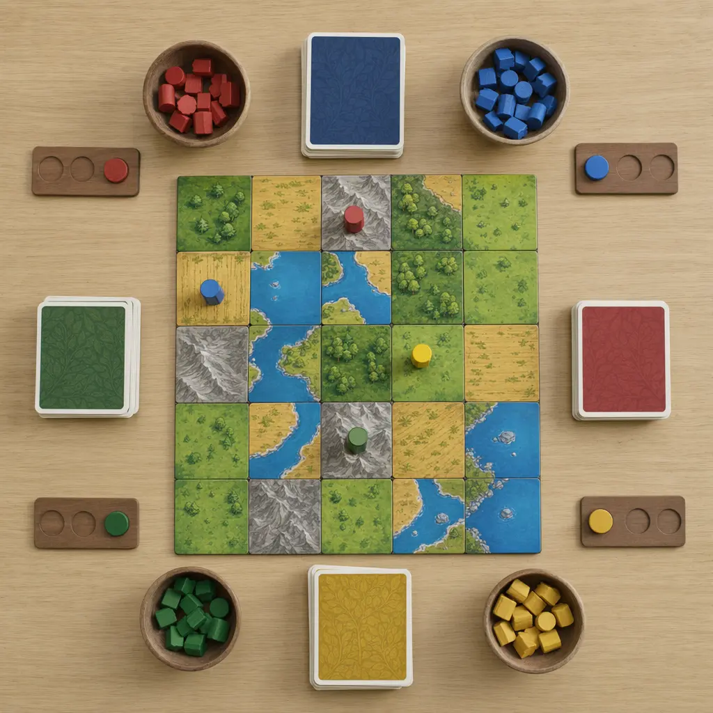 Overhead layout of a kid-friendly board game with colorful pieces