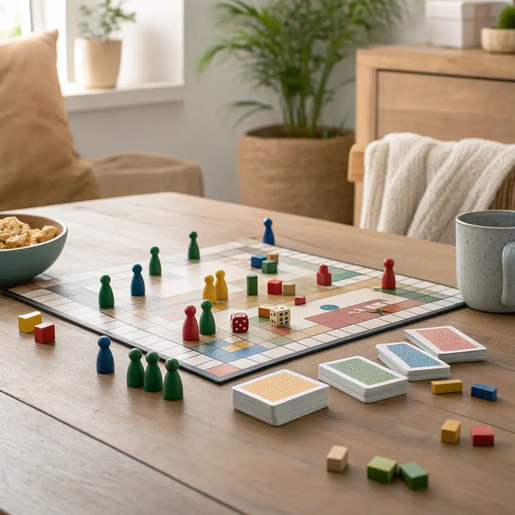 Colorful board game pieces and cards set up for a family game night