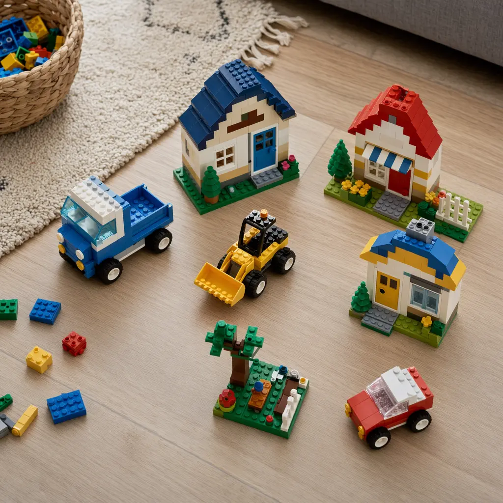 Small buildings and vehicles made from various construction toys on a living room floor