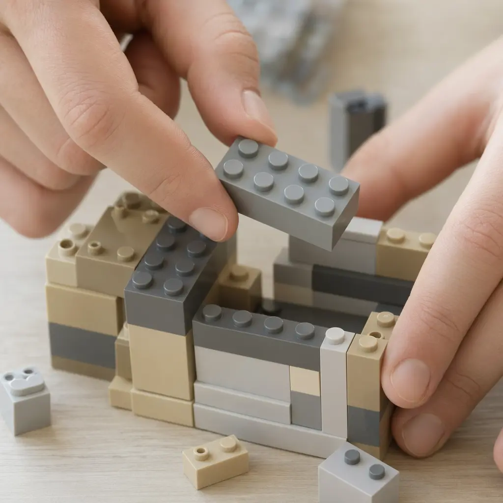 Close-up of hands assembling interlocking building pieces on a table