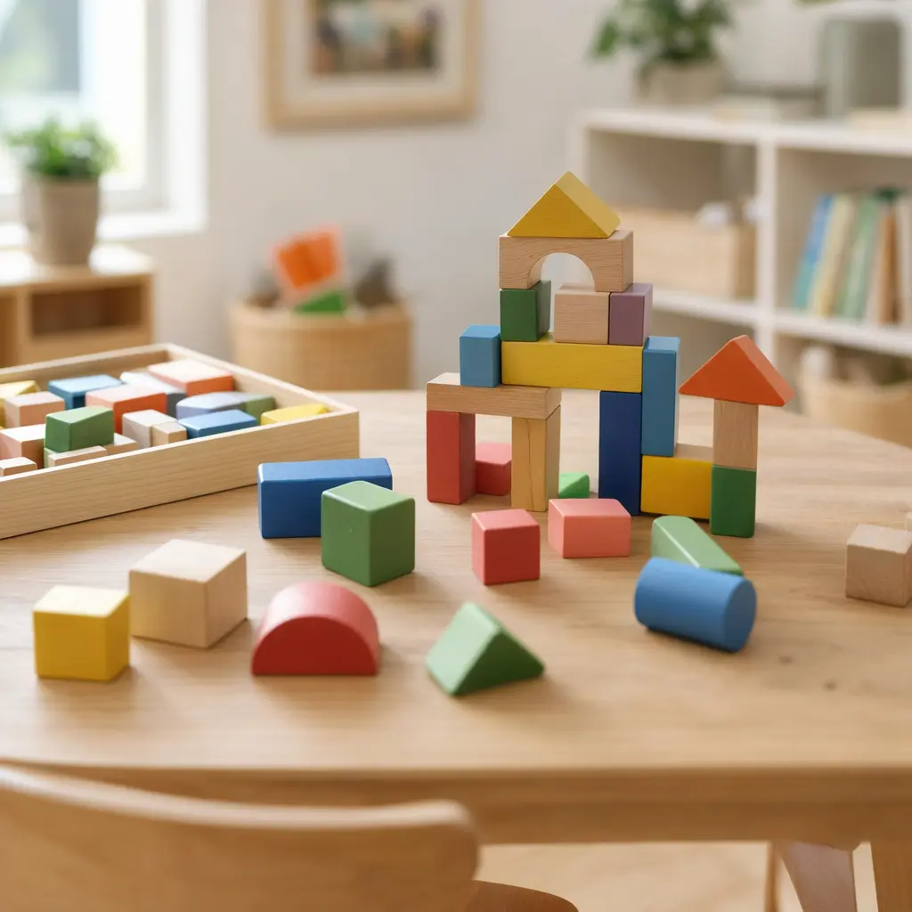 Colorful assortment of building toy pieces laid out on a table in a bright playroom