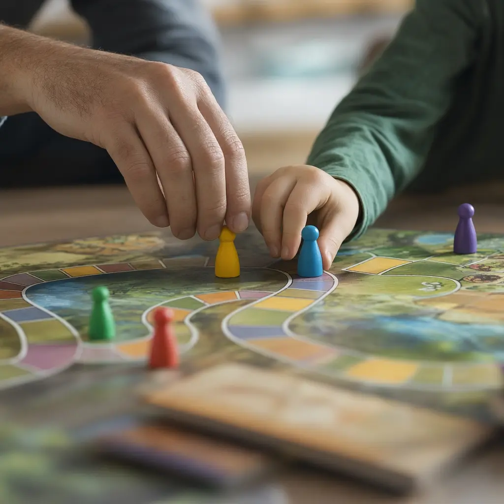 Hands moving chunky game pieces together on a colorful cooperative board