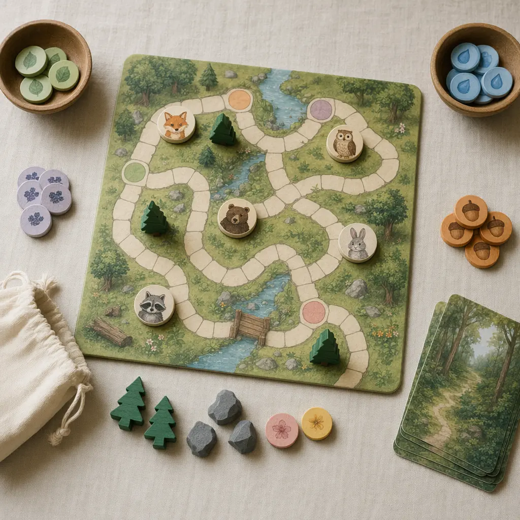 Overhead view of a preschool cooperative board game with animal tokens