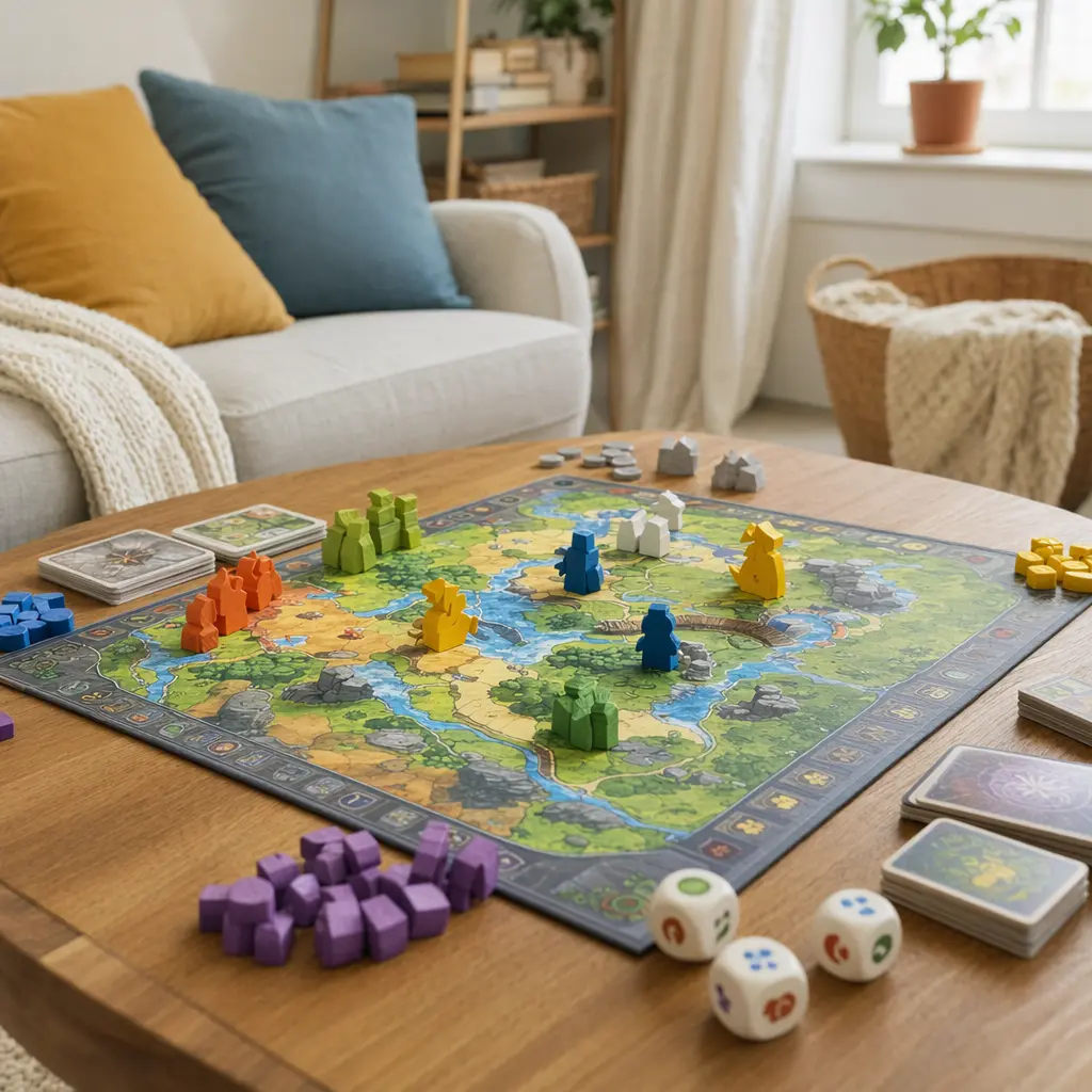Colorful cooperative board game with chunky pieces on a low table in a bright living room