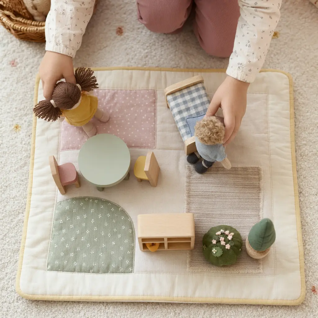 Hands arranging dolls and toy furniture during pretend play