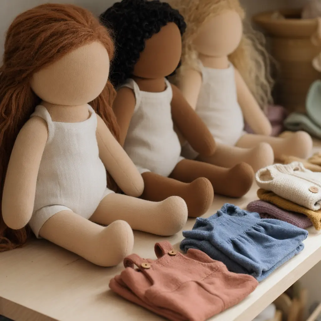 Soft dolls with removable clothing arranged on a play shelf