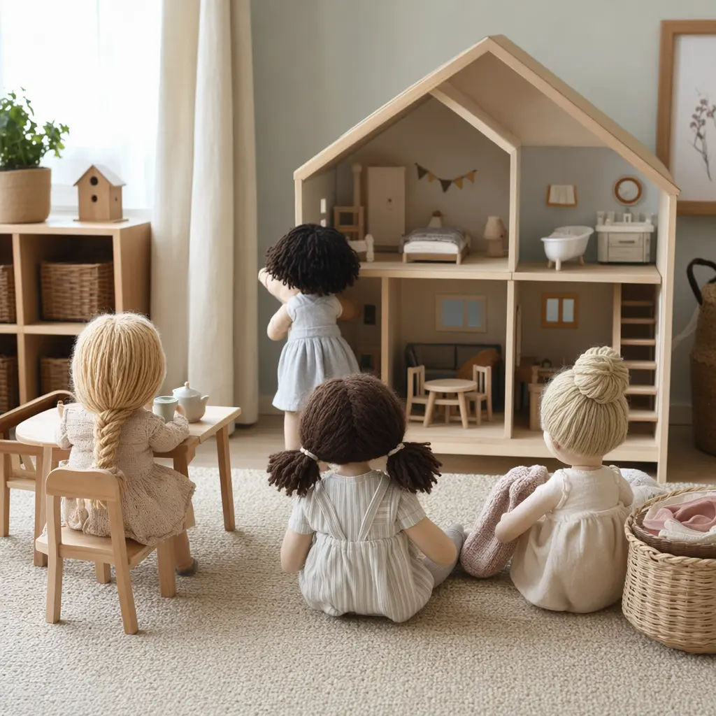 Soft-bodied dolls arranged in a dollhouse scene for imaginative play