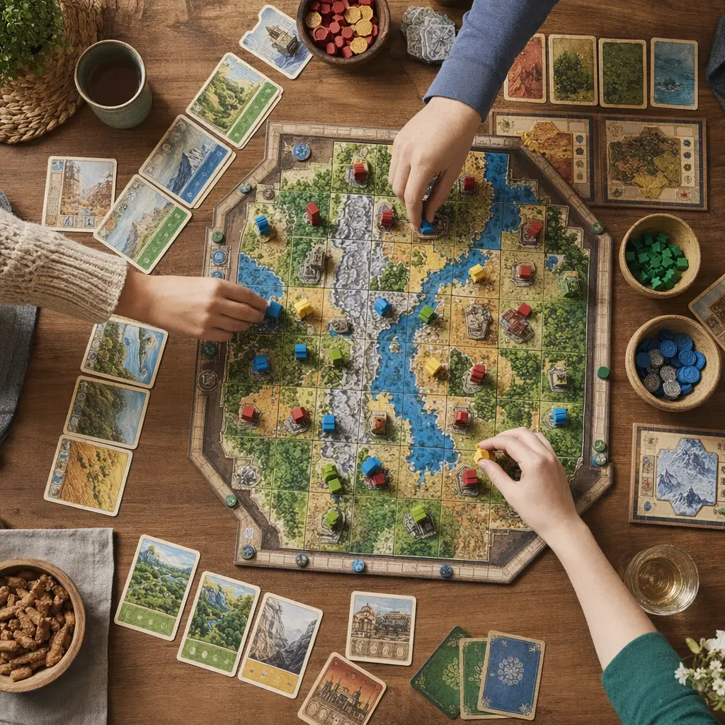 Hands placing tiles and cards on a board game during play