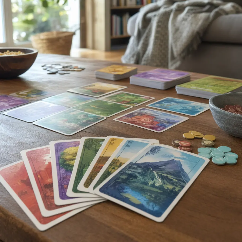 Card game components arranged on a table during play