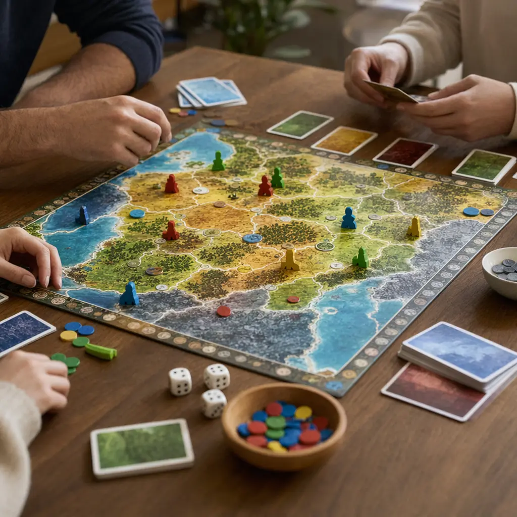 A family board game set up on a table with cards and pieces ready to play, shown without faces