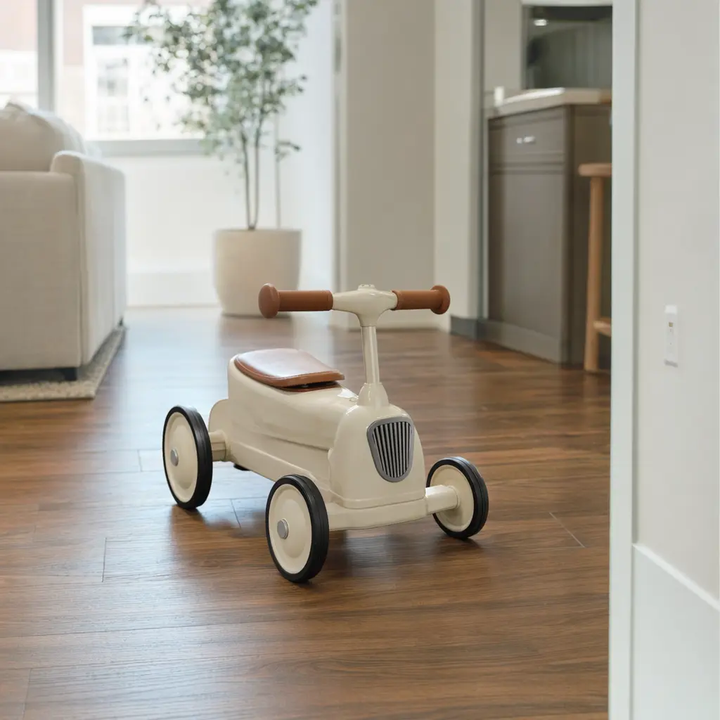 Foot-powered toddler push ride-on toy positioned on an indoor hardwood floor