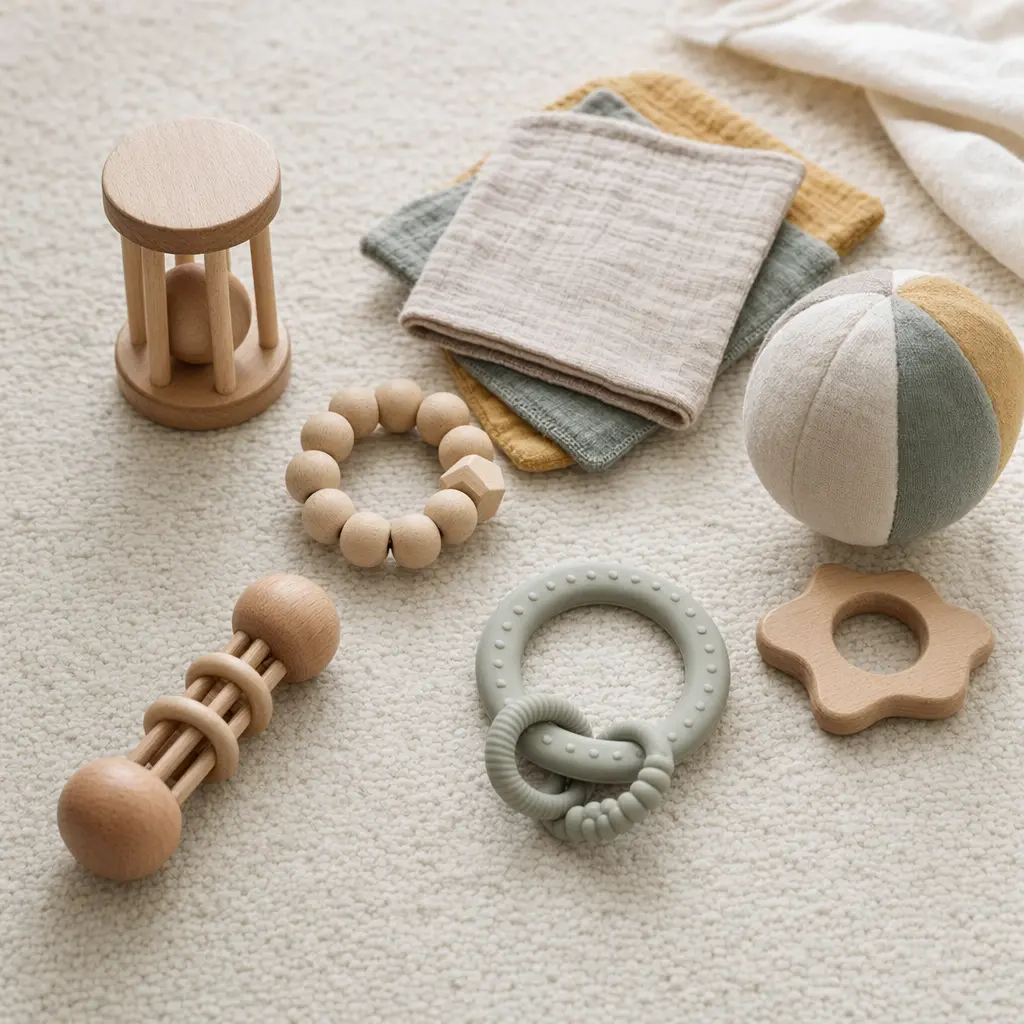 A collection of simple, no-battery baby toys including wooden rattles, fabric textures, and silicone teethers on a neutral rug.