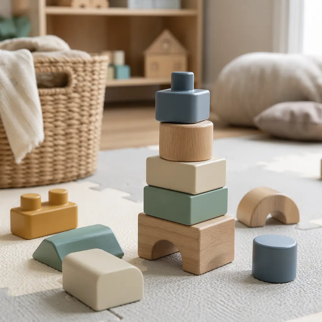 Large toddler building pieces stacked on a soft play mat