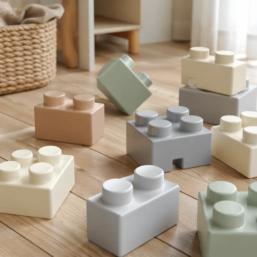 Oversized interlocking blocks on a wooden floor