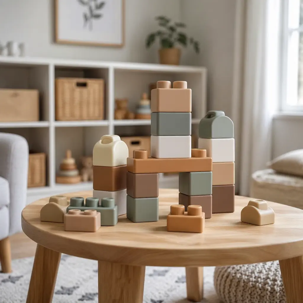 Chunky building blocks arranged on a low table in a bright, calm nursery